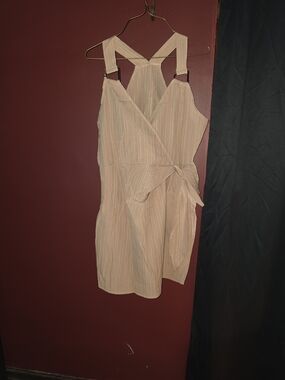 Sleeveless Faux Wrap-Front Striped Dress in Beige